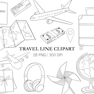 Reise Line Clipart, Sommer Urlaub, Urlaub Clipart, Tourismus Clipart, Planer Clipart, Abenteuer Clipart, PNG, Flugzeug, Globus, Line Art