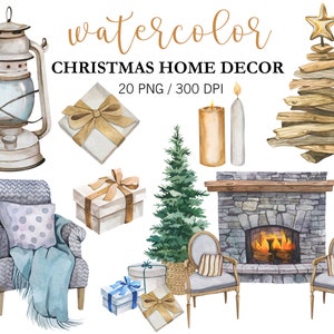 Clipart di decorazioni per la casa di Natale ad acquerello, clipart di Natale, PNG, decorazioni scandinave, fattoria, caminetto di Natale, decorazioni invernali stampabili