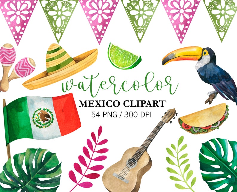 Watercolor Mexican Party Clipart, Mexico Clipart, Travel Clipart, PNG, Cinco De Mayo Clipart Party, image 2