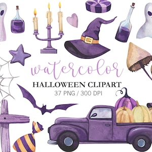 Watercolor Halloween Clipart, Halloween Party Decor, Fall Clipart, PNG, Violet Truck, Trick Or Treat, Horror Clipart, Spooky Clipart, spider