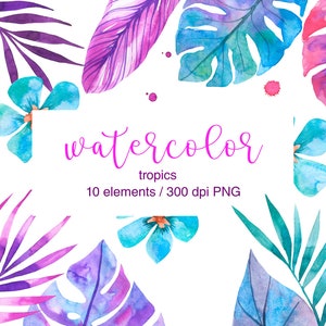 Aquarel tropische clipart, paars tropisch, PNG, roze palmbladeren, exotische bloemen, aquarel tropische bladeren, palm, Monstera, tropisch blad