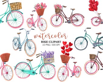 Watercolor Bike Clipart, Travel Clipart, Transport clipart, Bicycle with Balloons, PNG, Summer clipart, Nursery Decor Bicycle with flowers