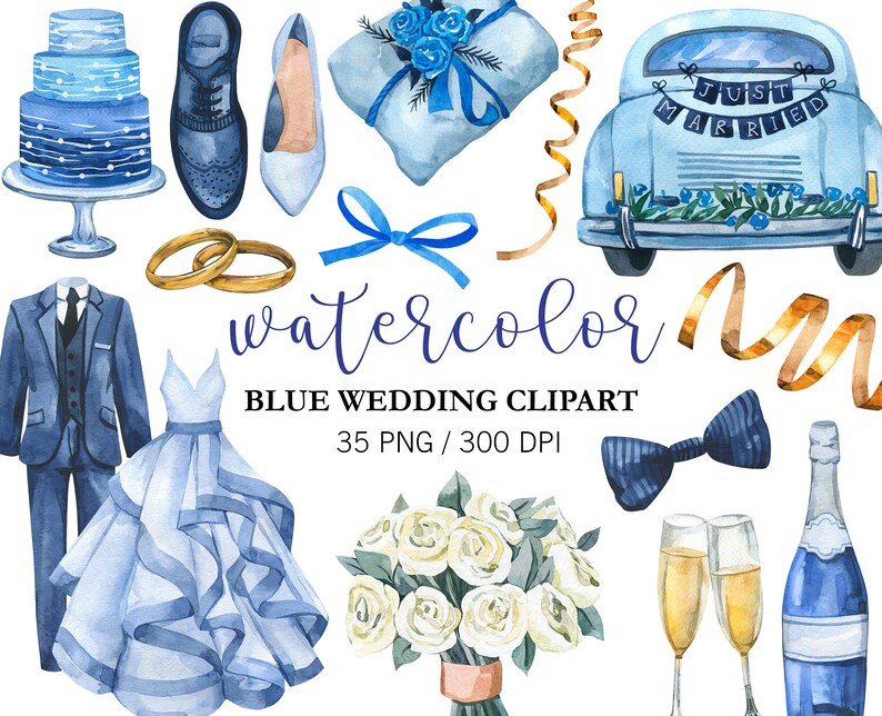 May include: Watercolor blue wedding clipart set with 35 PNG images at 300 DPI. Includes a blue wedding cake, a blue wedding car with "Just Married" sign, a blue bow, a blue wedding dress, a blue tuxedo, a bouquet of white flowers, a blue bow tie, and a bottle of champagne.