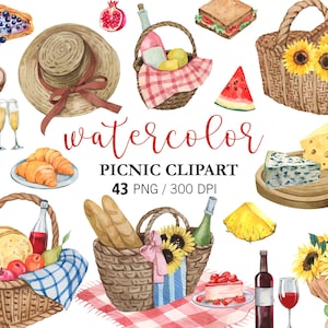 Clipart di picnic ad acquerello PNG Cestino da picnic, Picnic per feste tra ragazze, Creazione di biglietti Clipart estivo Girasoli Vino, Clipart di campagna Cottagecore