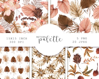 Watercolor Boho Tropics Floral Patterns, Seamless pattern, Watercolor patterns, PNG, Monstera Palm Leaves, Tropical Summer Wedding, Flowers