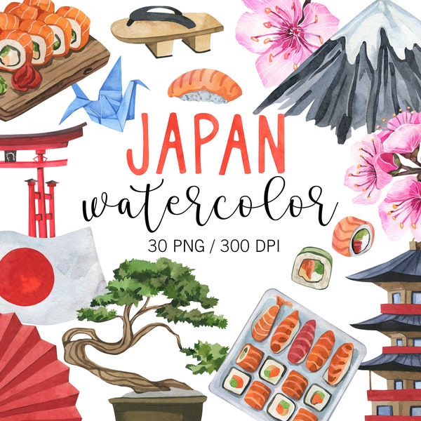 Watercolor Japan Clipart, Travel Clipart, PNG, Sushi Clipart, Travel stickers, Japanese clipart, Tourism, Vacation Travel, Asian Clipart