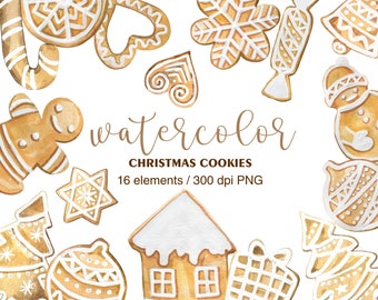 Christmas Gingerbread Watercolor Clipart, PNG, Watercolor Christmas Cookies Clipart, Gingerbread Cookies House, Winter baking clipart, Xmas