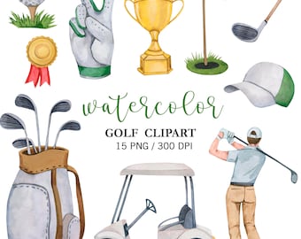 Clipart de golf en acuarela: carrito de golf, trofeo y pelota PNG descarga digital