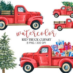 Imágenes Prediseñadas de Navidad de acuarela, imágenes prediseñadas de camión rojo de acuarela, decoración de Chtrictmas, imágenes prediseñadas de Navidad, árbol de Navidad, Feliz Navidad PNG,