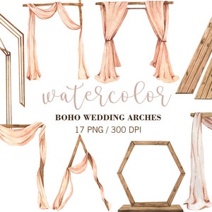 May include: A set of 17 watercolor illustrations of boho wedding arches. The arches are made of wood, metal, and fabric. The fabric is a light pink color. The arches are perfect for a bohemian wedding ceremony.