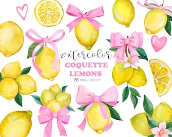 Clip art PNG de acuarela de limones con lazo coqueto, limones pintados a mano y lazos rosas, invitación de boda con cinta coqueta y gráficos cítricos de verano