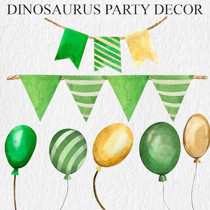 May include: Green, gold, and white striped party decorations for a dinosaur themed party. The decorations include balloons and pennant flags.