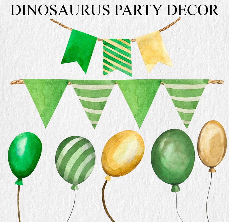 May include: Green, gold, and white striped party decorations for a dinosaur themed party. The decorations include balloons and pennant flags.