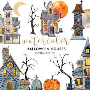 Watercolor Halloween House, Halloween Clipart, Haunted House, Happy Halloween party decor, PNG, Fall Clipart, Holidays Clip Art