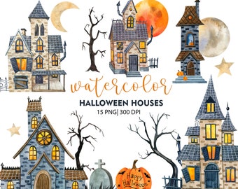 Watercolor Halloween House, Halloween Clipart, Haunted House, Happy Halloween party decor, PNG, Fall Clipart, Holidays Clip Art