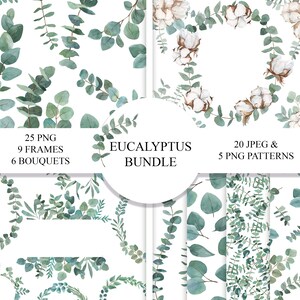 PACCHETTO di eucalipto ad acquerello, clipart di eucalipto per progetti di matrimonio, foglie di eucalipto, rami di eucalipto, PNG, motivo di eucalipto