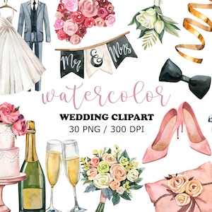 Bruiloft aquarel clipart, huwelijksboog, bruiloft elementen, bruid clipart, bruidstaart, Just Married Car, Marriage clipart, afdrukbaar, png