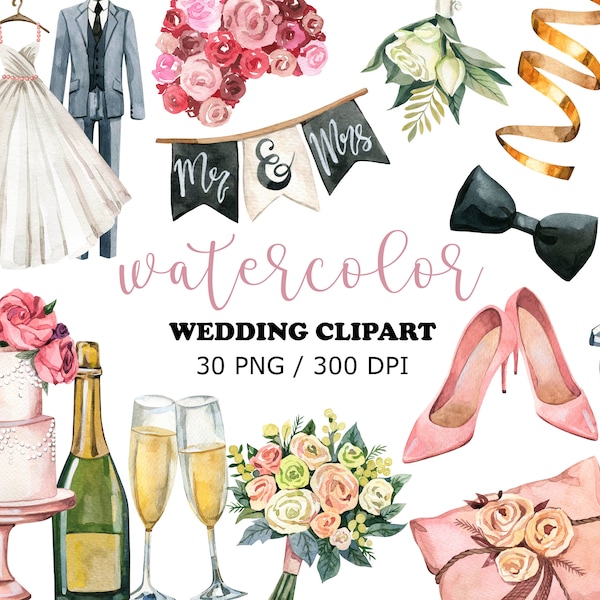 Wedding Watercolor Clipart, Wedding arch, Wedding Elements, Bride Clipart, Wedding cake, Just Married Car, Marriage Clipart, Printable, PNG