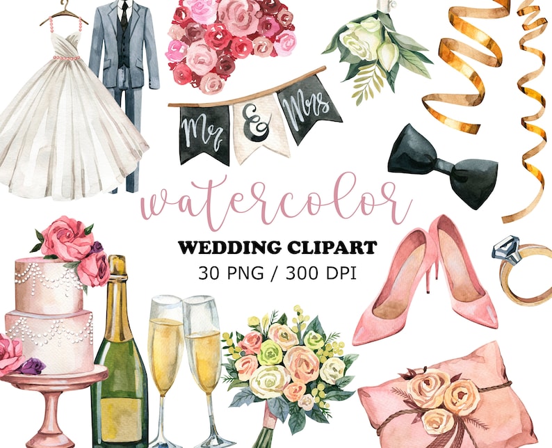 Wedding Watercolor Clipart, Wedding arch, Wedding Elements, Bride Clipart, Wedding cake, Just Married Car, Marriage Clipart, Printable, PNG 