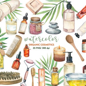 Watercolor Spa Clipart, Natural Cosmetic Clipart, Organic Skincare, Beauty Clipart, Beauty Logo, PNG, Oil Bottle, Cream,  Beauty Salon Logo