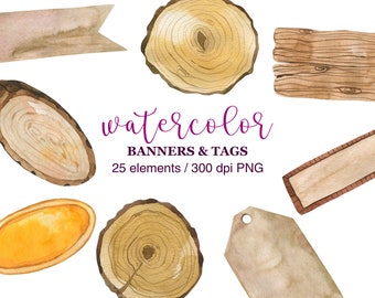 Könnte beinhalten: Ein Set mit 25 Aquarell-Holzscheiben-Bannern und -Etiketten. Das Set enthält verschiedene Formen und Größen von Holzscheiben, wobei einige eine natürliche Holzmaserung und andere einen rustikaleren Look aufweisen. Das Set enthält auch ein paar Banner mit einem moderneren Design.
