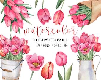 May include: Watercolor clipart of pink tulips in various arrangements. The text "Watercolor Tulips Clipart 20 PNG / 300 DPI" is displayed below the images.