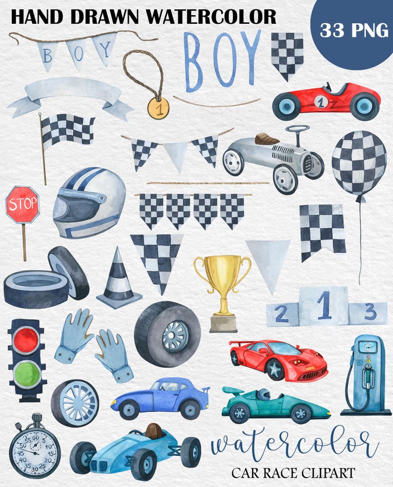 Akvarell racerbil Clipart PNG, Baby Boy Barnrumsdekor, Handmålad blå racerbil, Söt sportbil, Barn Clipart, bild 2
