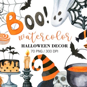 Clipart de Halloween en acuarela, PNG, clipart de otoño, decoración de fiesta de Halloween, truco o trato, clipart de terror, dulces de Halloween, clipart espeluznante