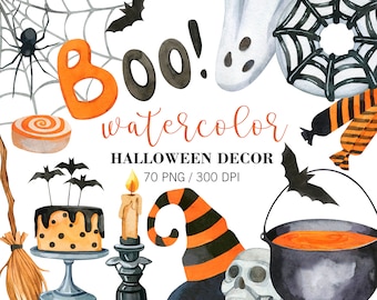 Watercolor Halloween Clipart,  PNG, Fall Clipart, Halloween Party Decor, Trick Or Treat, Horror Clipart, Halloween sweets, Spooky Clipart