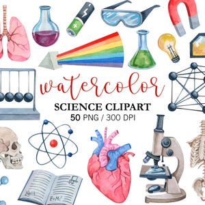 Aquarelle science Clipart, clipart biologie cours de chimie matériel de laboratoire de physique, retour à l'école professeur Clipart PNG éducatif