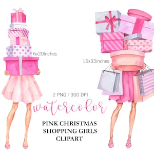 Aquarel roze kerstinkopen meisjes clipart PNG, kerstcadeaus, modemeisjes met geschenken, nieuwjaar clipart, Valentijnsdag clipart