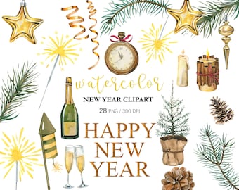 Watercolor New Year Clipart PNG, Hand Painted Gold Christmas, New Years Eve Christmas champagne glass clipart, Christmas Decor New year text