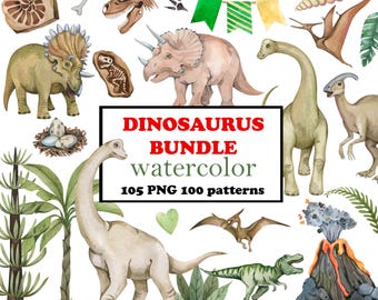 Watercolor Dinosaur BIG BUNDLE, Nursery Clipart PNG, Dinosaur birthday party Decor, Dinosaur stickers, relict fossils, Dinosaurus patterns