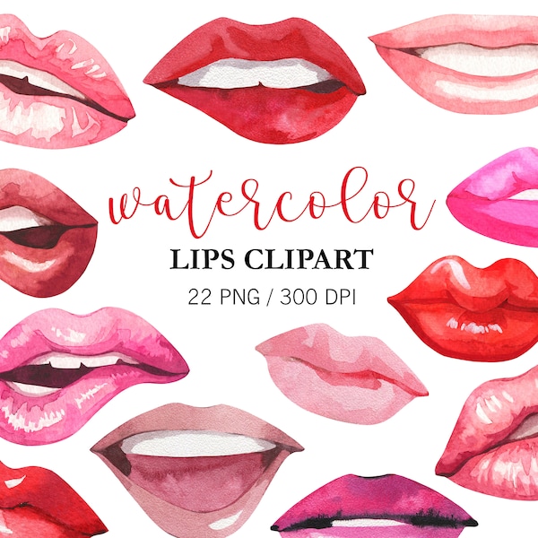 Watercolor Lips Clipart, Red Lips kiss, PNG, Pink Lips Clip Art, Kissing Clipart, Love Png, Mouth, Valentine's Day Clipart, Fashion Clipart