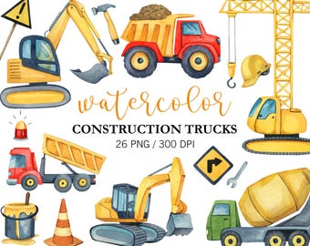 Watercolor Construction Truck Clipart: PNG Vehicle Set (Digital Download)