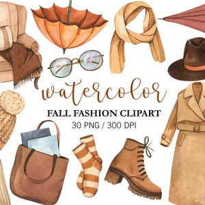 Watercolor Fall Fashion Clipart, Watercolor Clothes, Fall PNG, Fall Decor, Fall Clipart, Cozy Autumn, Planner stickers, Boho Clipart, Warm