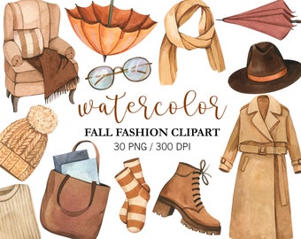 Fall Fashion Clipart Bundle PNG, Watercolor Autumn Outfit, Cozy Sweater, Boots, Boho Clothes Clipart, Planner Stickers, Fall PNG