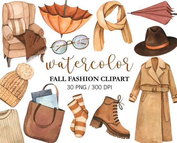 Fall Fashion Clipart Bundle PNG, Watercolor Autumn Outfit, Cozy Sweater, Boots, Boho Clothes Clipart, Planner Stickers, Fall PNG