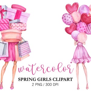 Aquarell Frühling Mode Mädchen, Mädchen mit Luftballons, Shopping Mädchen PNG, Planner Aufkleber, Liebe, Frühling Clipart, Mädchen mit Geschenken, Mode Art