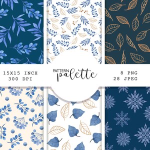 May include: Six digital patterns with botanical and winter designs. The patterns showcase blue leaves, gold leaves, and snowflakes on different backgrounds. The image also includes the text "PATTERN palette", "15x15 inch", "300 DPI", "8 PNG", and "28 JPEG".