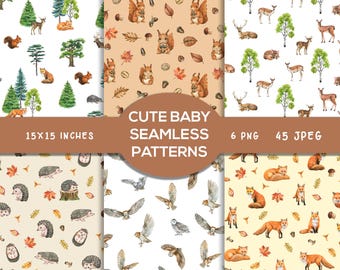 Watercolor Forest animals patterns, Cute Baby Digital Papers Background, Fox, Pine trees, Deers, Owl, PNG JPEG
