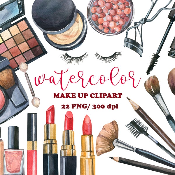 Watercolor Make up Clipart,  Cosmetics Clipart, Beauty Clipart, Fashion Clipart, Make up Cosmetics Set, Red lipstick, PNG, Beauty watercolor