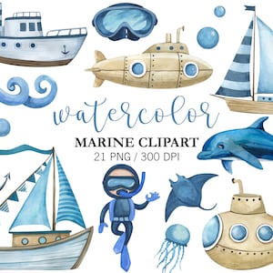Aquarell Nautik Clipart, Marine Clipart, Segelboot Clipart, U-Boot, Segeln PNG, Ozean Aquarell, Kinderzimmer Dekor, kleiner Sailor Junge