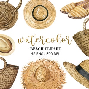 K&ouml;nnte beinhalten: Aquarell-Illustrationen von Strand-Artikeln, darunter Strohh&uuml;te, geflochtene Taschen und Sandalen. Die Illustrationen sind in Braun- und Beiget&ouml;nen gehalten, mit einem Aquarell-Effekt.
