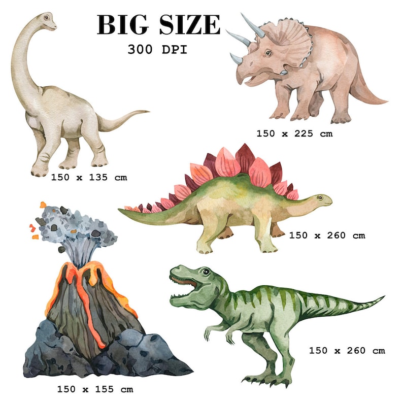 May include: Watercolour illustration of five dinosaurs, including a green Tyrannosaurus Rex, a green Stegosaurus with pink plates, a pink Triceratops, a grey Brachiosaurus, and a grey volcano with orange lava. The image includes the text "BIG SIZE 300 DPI" and the dimensions of each dinosaur in centimetres.