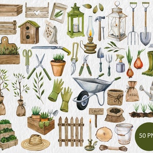 Watercolor Garden Clipart, Garden Tools, Gardening Download, Hand-painted garden, Gardening Watercolor Clipart, PNG, Watercolor garden art image 2