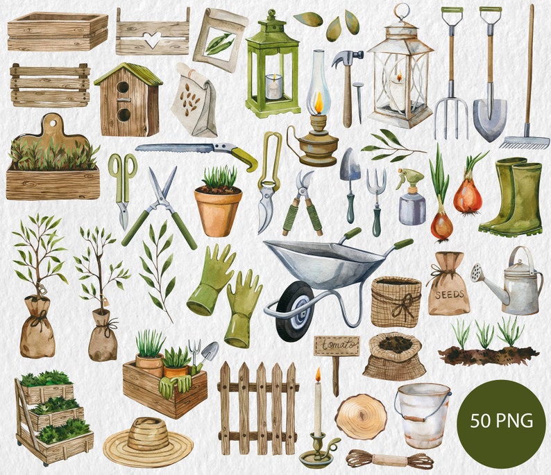 Watercolor Garden Clipart, Garden Tools, Gardening Download, Hand-painted garden, Gardening Watercolor Clipart, PNG, Watercolor garden art image 2