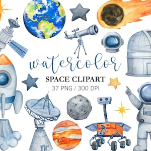 Aquarelle espace Clipart PNG, décoration de chambre d'enfant, astronaute, clipart planètes, vaisseau spatial astronaute, clipart fusée, imprimables baby shower garçon