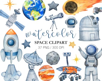 May include: Watercolor clipart set of space themed illustrations. Includes a rocket, astronaut, planets, stars, a telescope, a satellite, a space station, and a rover. 37 PNG files, 300 DPI.
