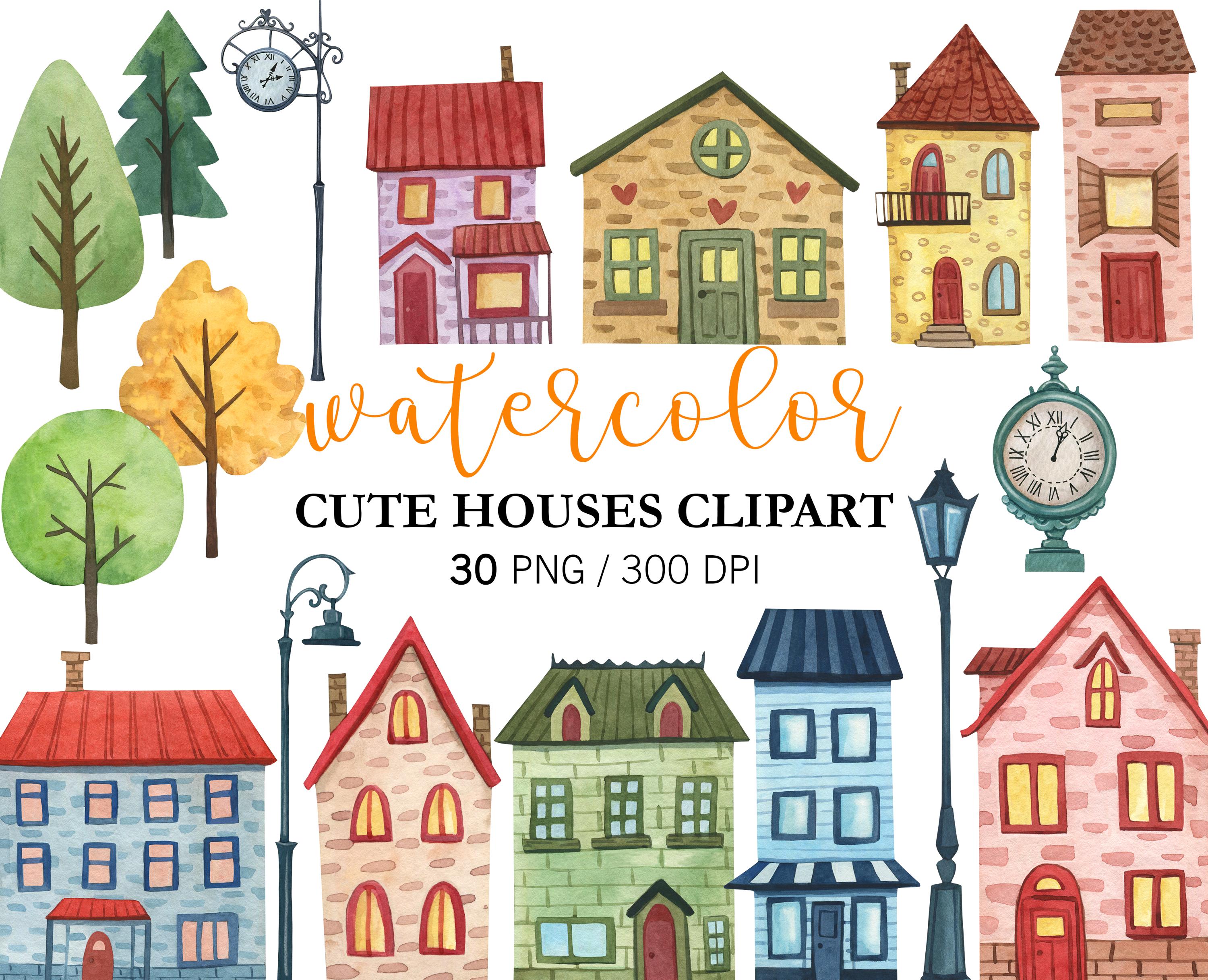 Watercolor Houses Clipart PNG Cute Houses, Nursery Decor, Tiny house clipart, Colored Houses, Town clipart Quirky Houses, Wall Art Stickers